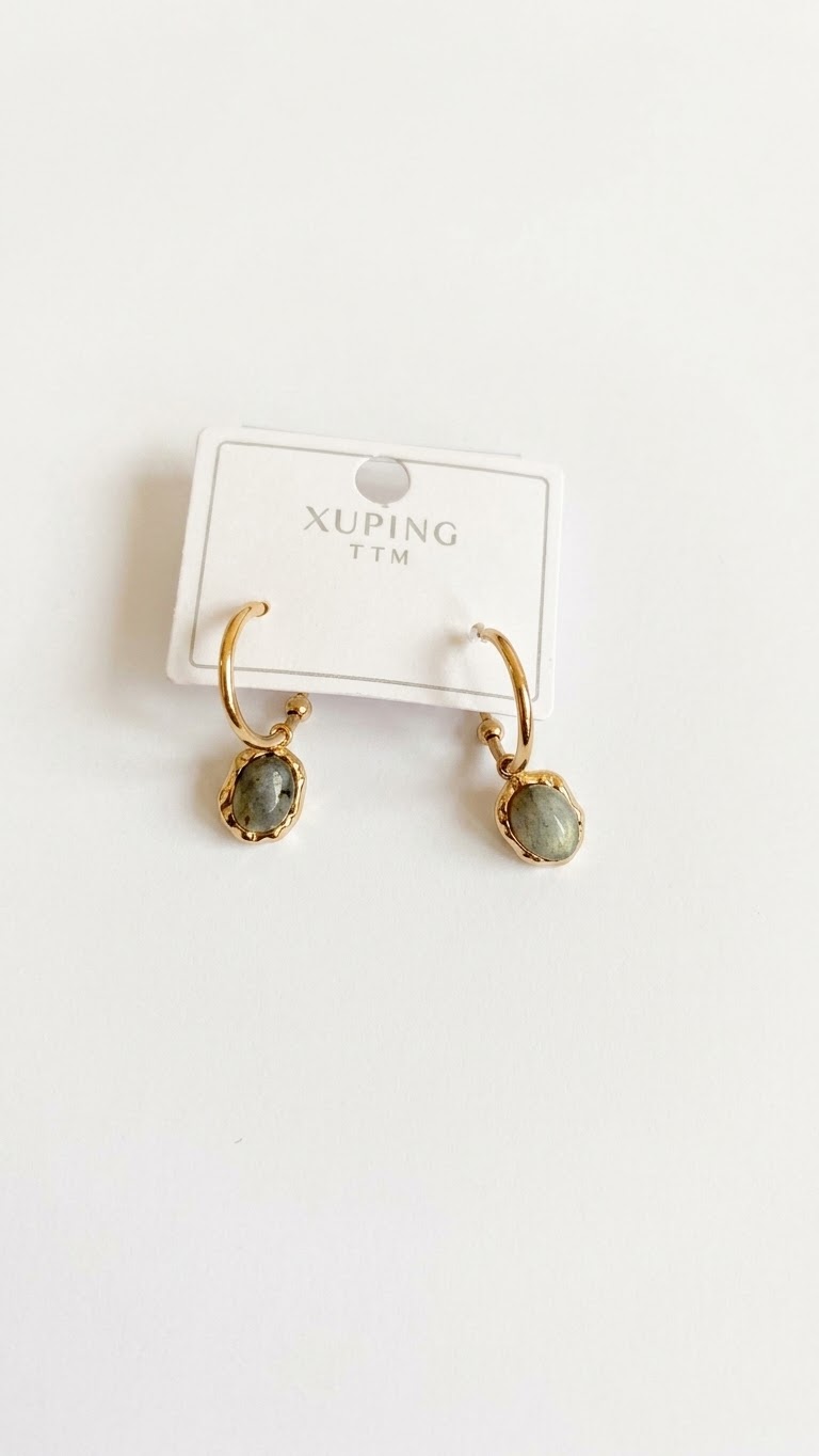 Créoles Dorées Pendentif Pierre - Vert Sauge ✨